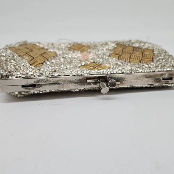 Vintage 1950's Silver Pearl Diamond Pattern Hand Beaded Evening Purse Clutch - Picture 10 of 12